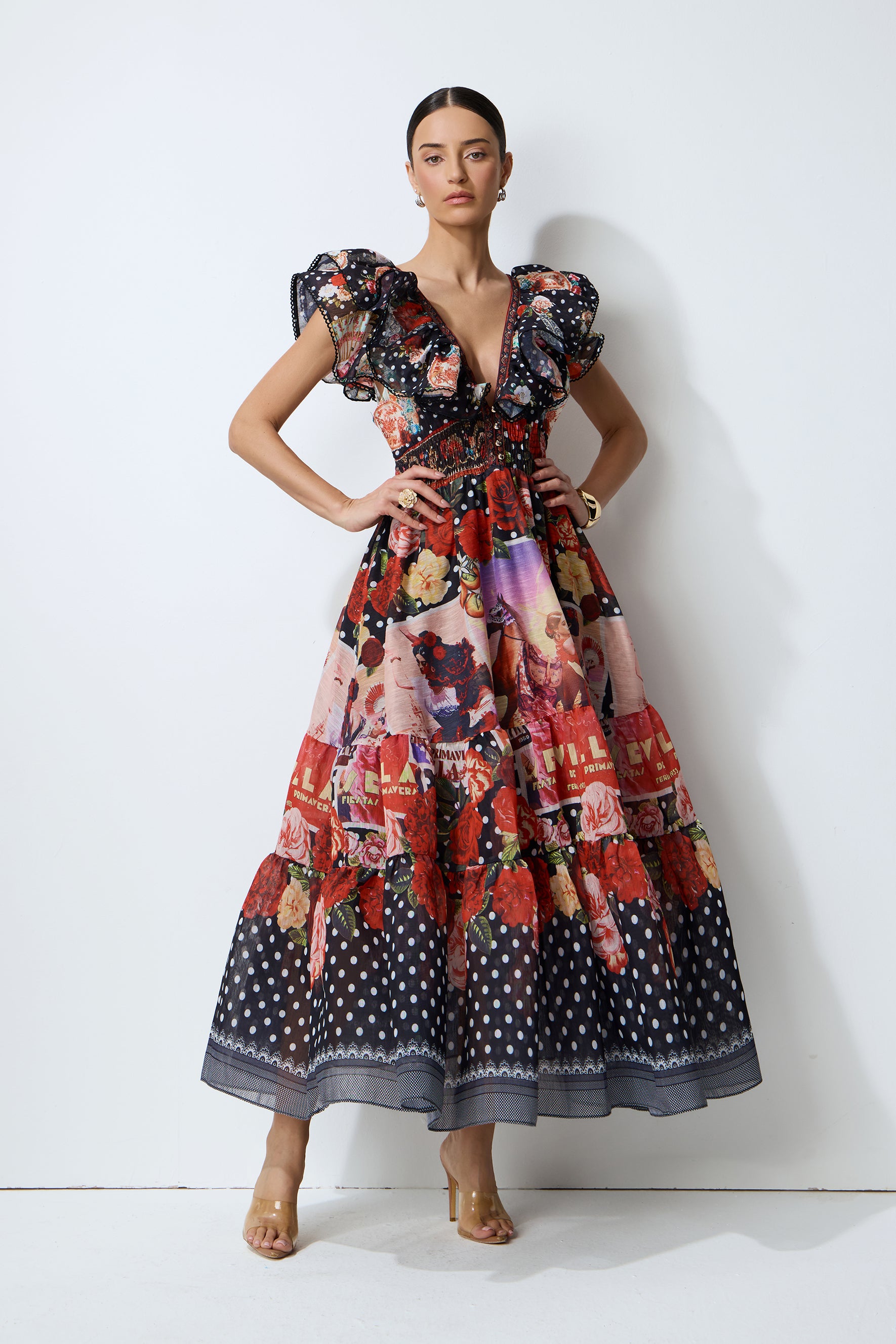 Red Floral Maxi Dress with Flutter Sleeves - view 2