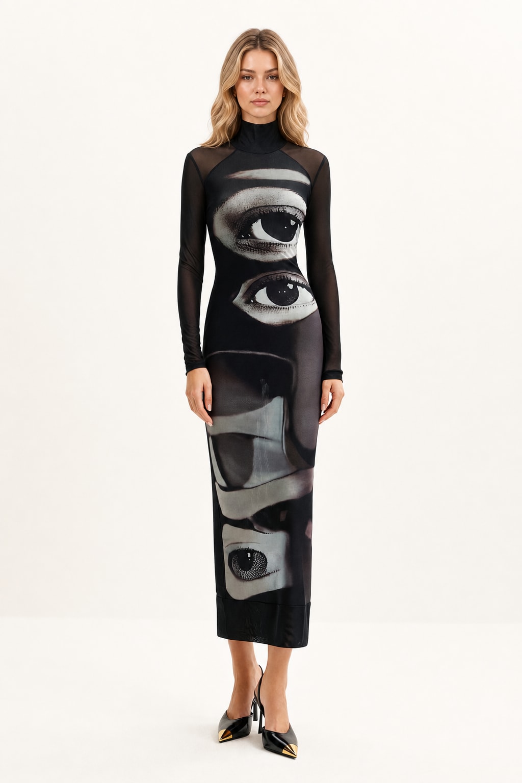 Black Mesh Eye Print Maxi Dress - 2