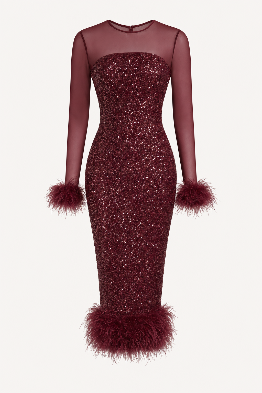 Sequin mesh midi dress with feather trim