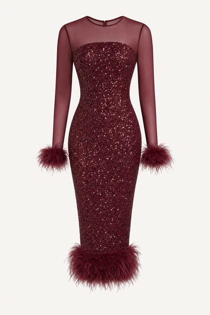 Sequin mesh midi dress with feather trim