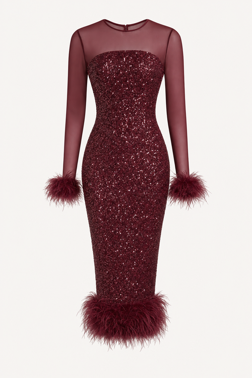 Sequin mesh midi dress with feather trim