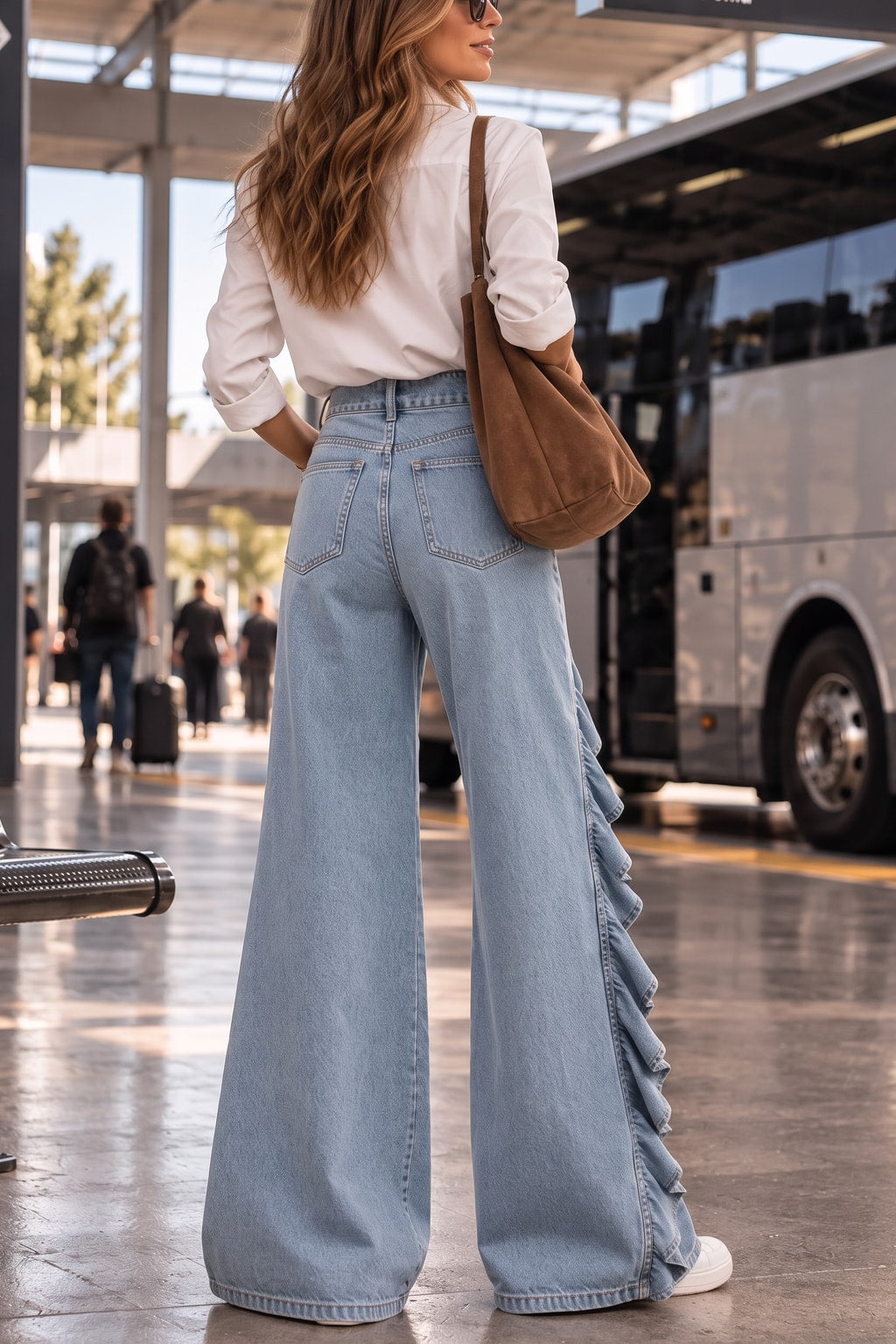 Denim Wide Leg Jeans With Ruffle Trim - 4