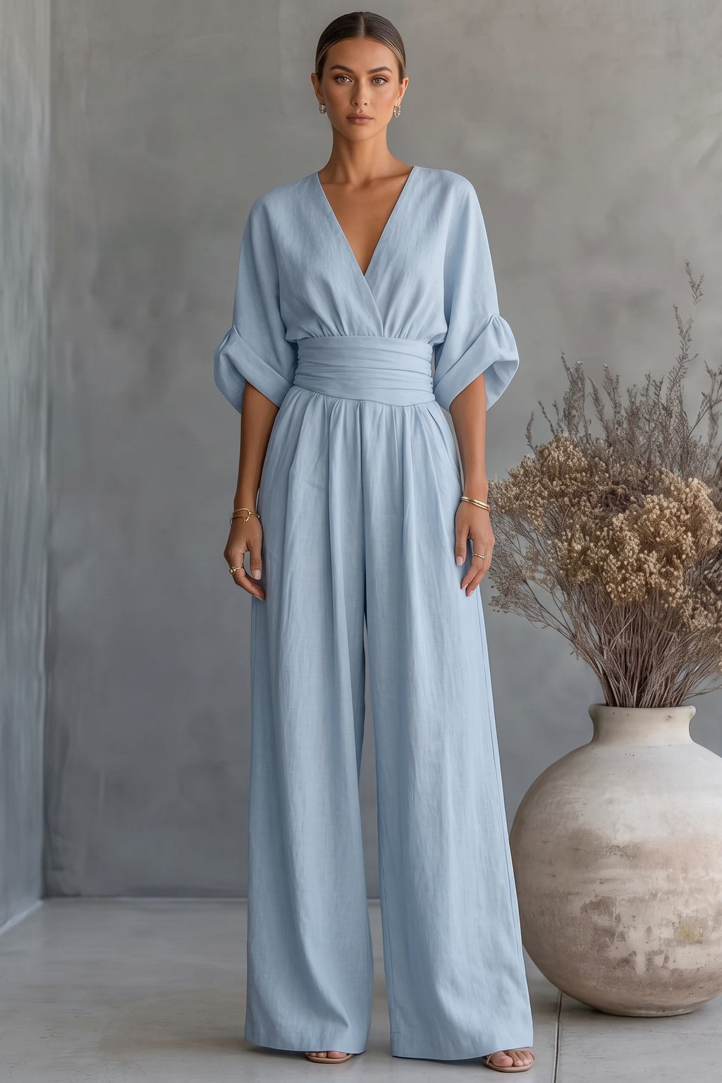 Polyester Wide Leg Jumpsuit With Ruched Detail - 4