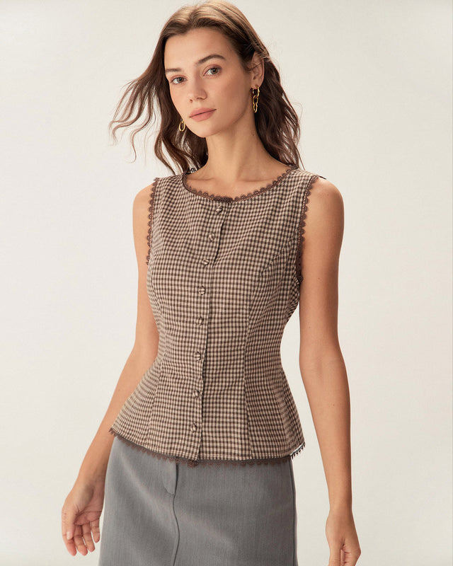 Brown Plaid Cotton Vest - Classic Layering for Work & Casual - 2