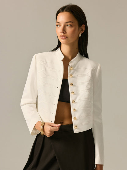 Off-white woven blazer with embroidered stand collar - view 4