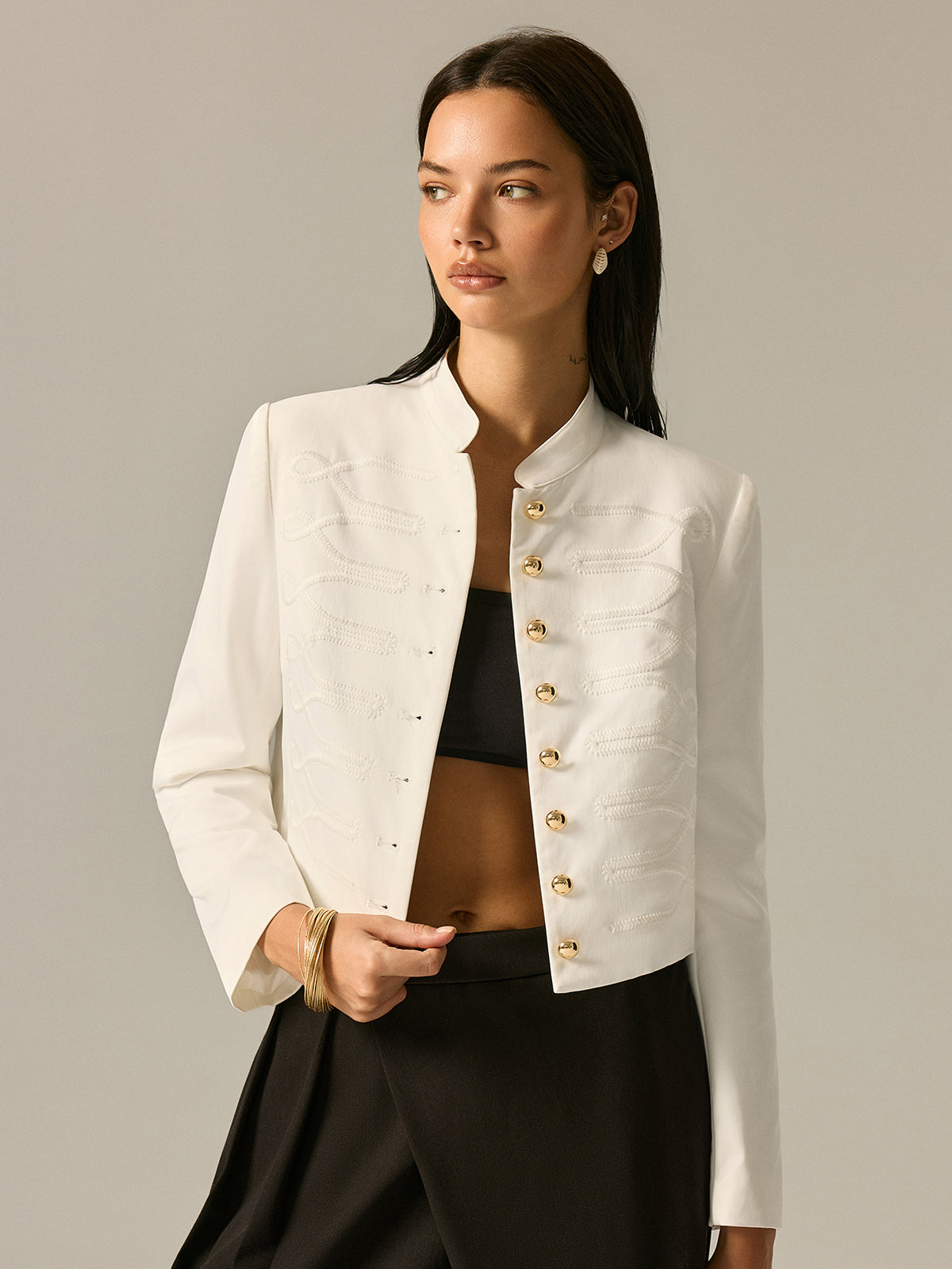 Woven Blazer With Embroidered Stand Collar - 4