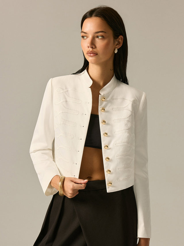Woven Blazer With Embroidered Stand Collar - 4