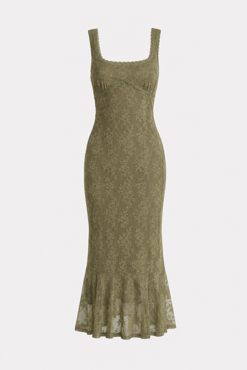 Green Floral Lace Square Neck Midi Dress