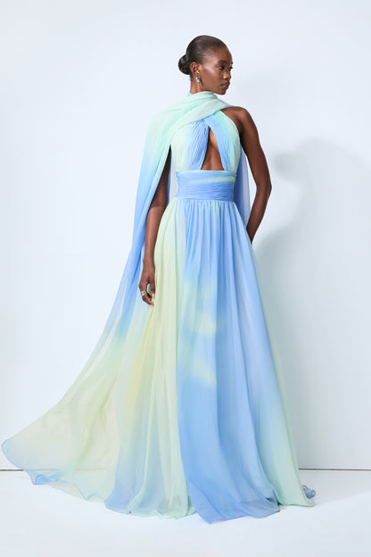 Ombre Chiffon Maxi Dress With Cape Scarf - view 5