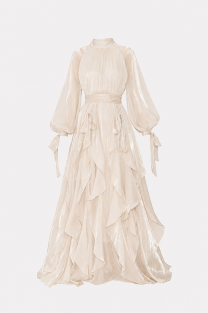 Balloon Sleeve Ruffle Trim Modest Maxi Dress