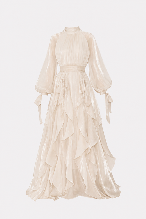 Balloon Sleeve Ruffle Trim Modest Maxi Dress