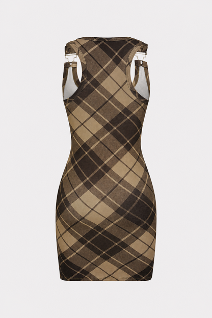 Plaid Print Jersey Mini Dress in Brown - view 5