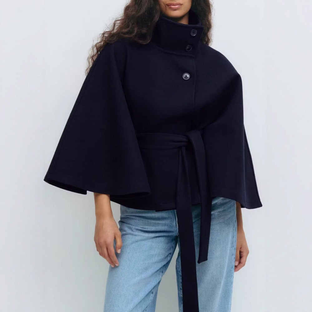 High Collar Cape Coat with Belted Waist - view 5