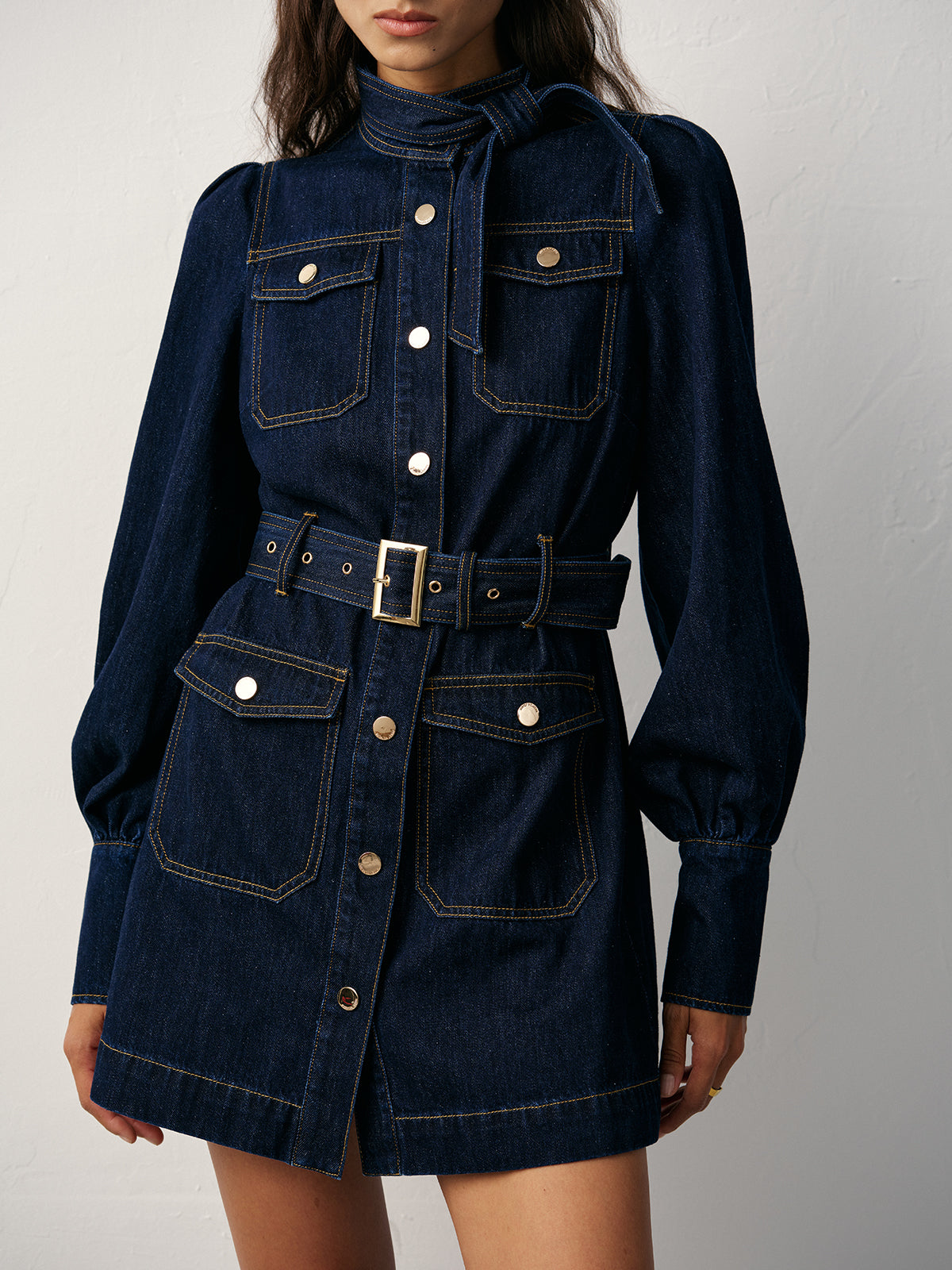 Denim Button-Front Belted Mini Dress - view 3