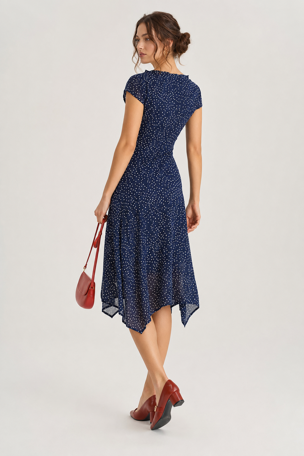 Navy Polka Dot Wrap Midi Dress - view 4
