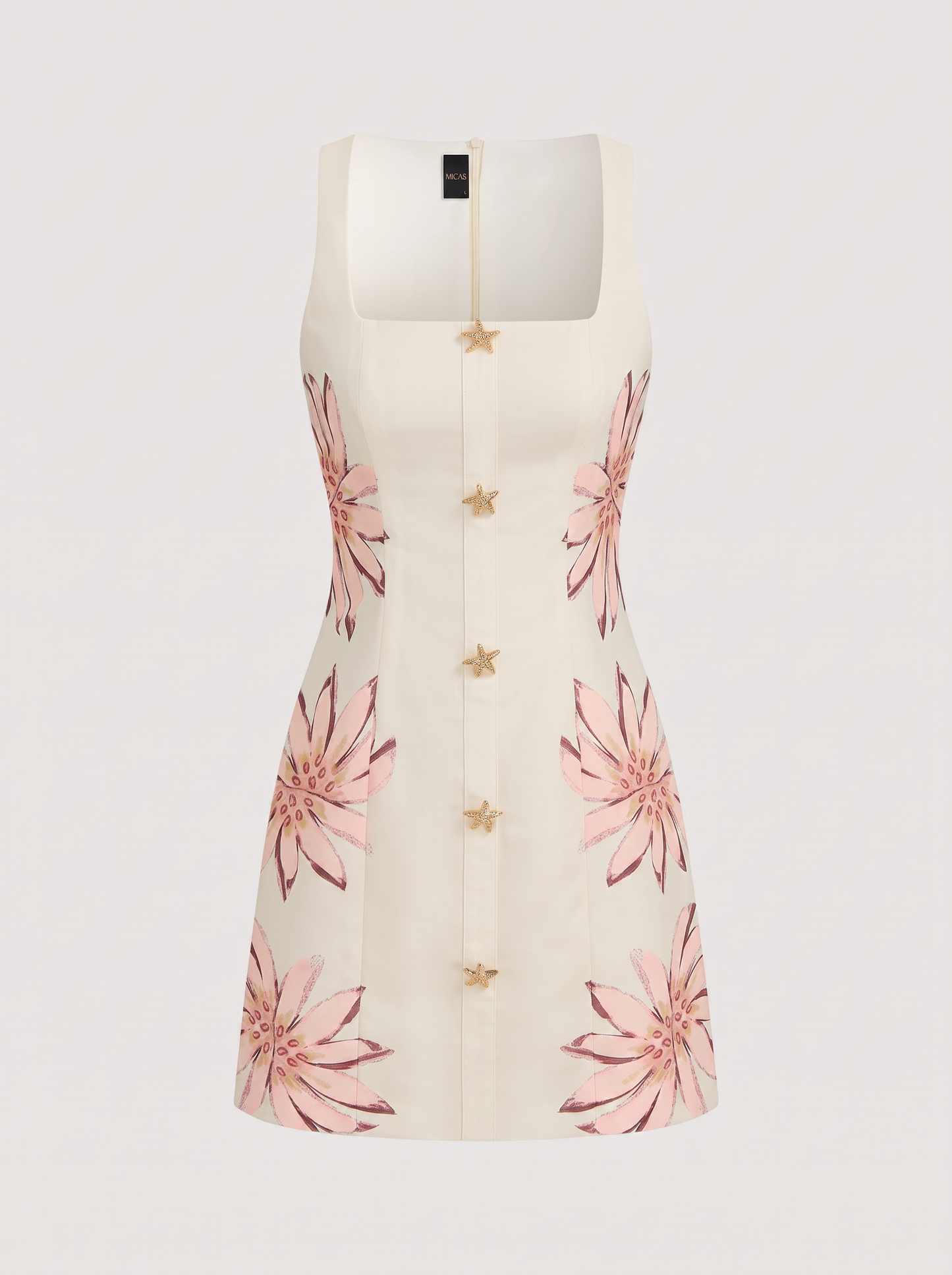 White twill floral print mini dress with square neck