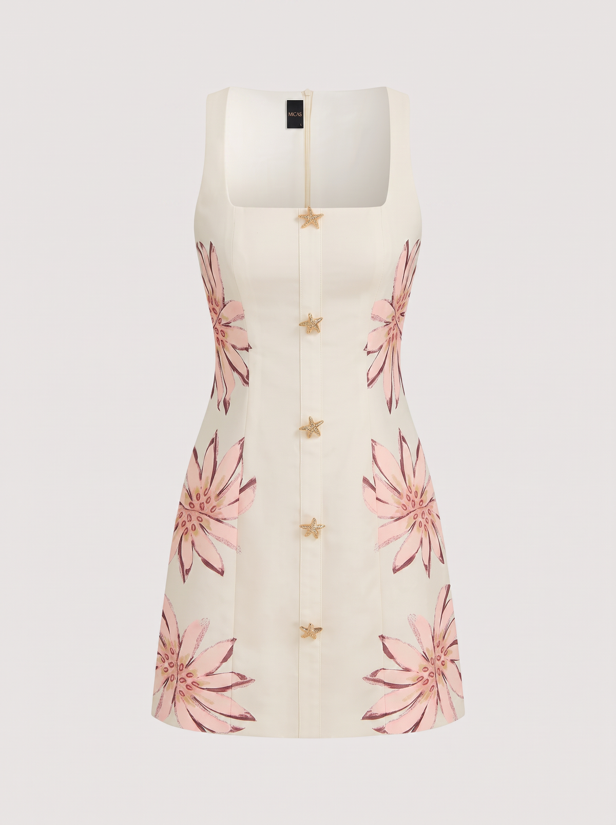 White twill floral print mini dress with square neck