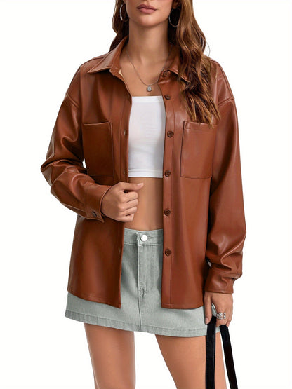Oversized Faux Leather Button-Front Jacket - view 10