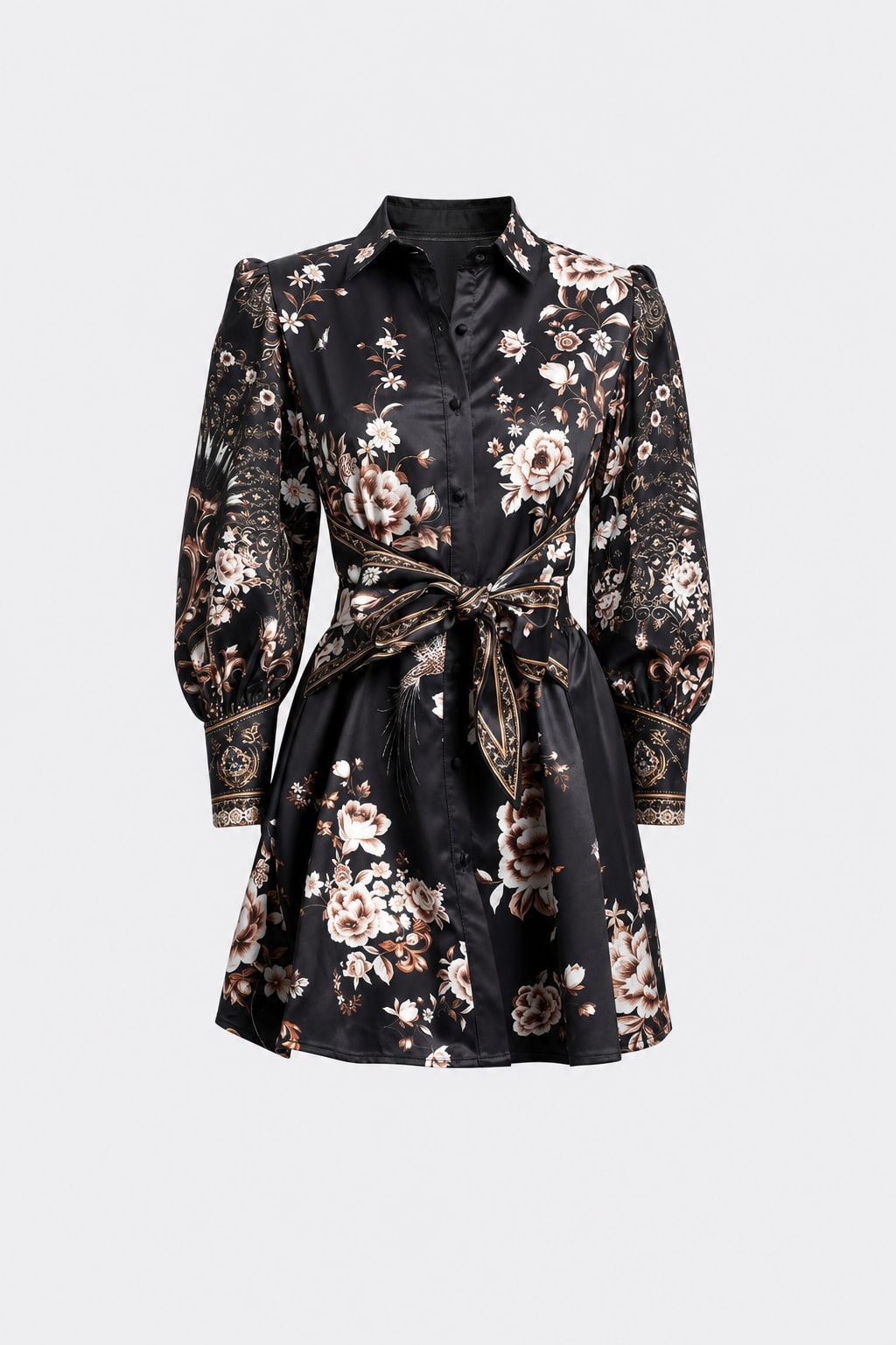 Woven Floral Print Long Sleeve Mini Dress - 1