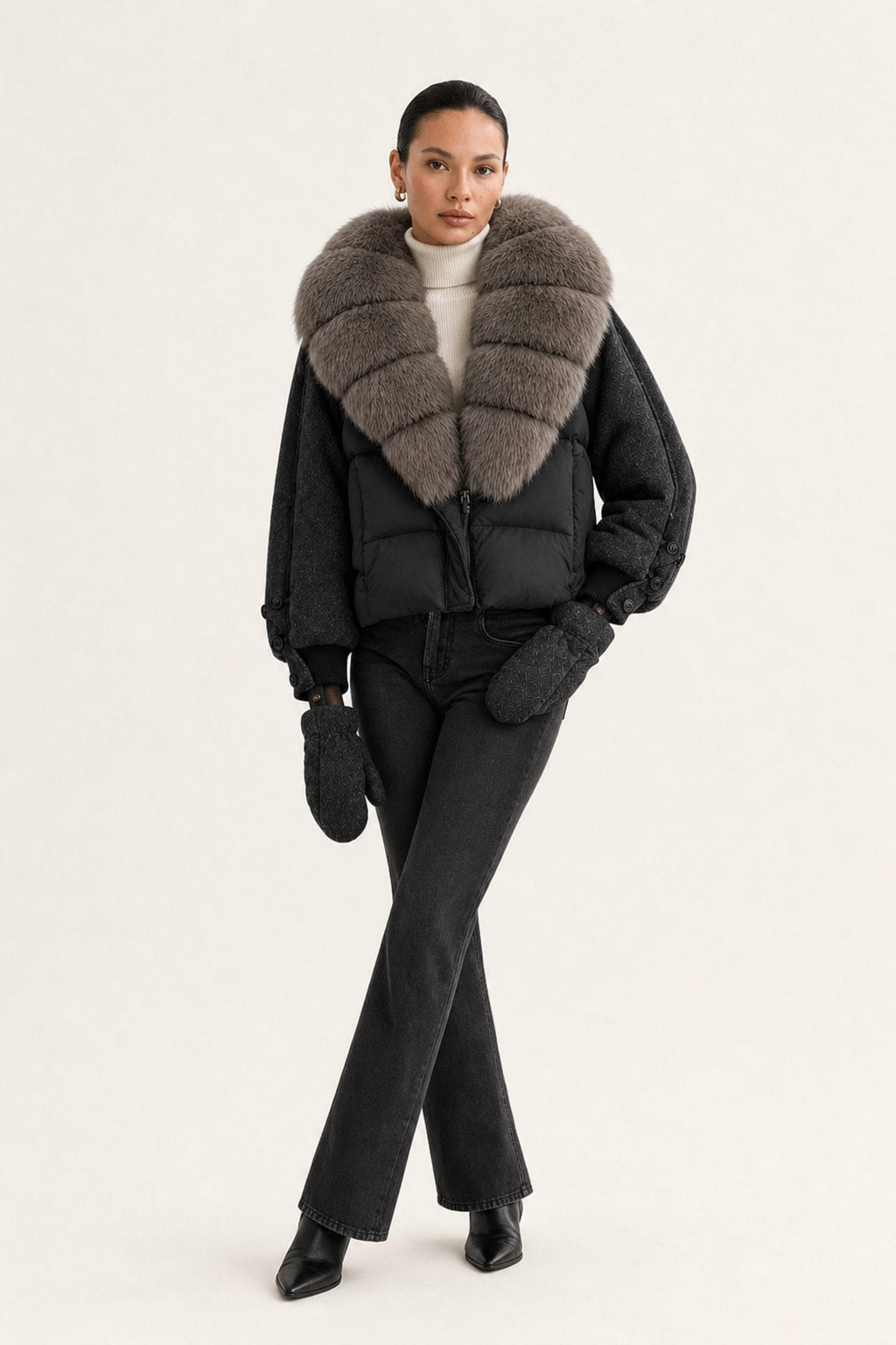 Duck Down Puffer Jacket With Detachable Fur Collar - 6