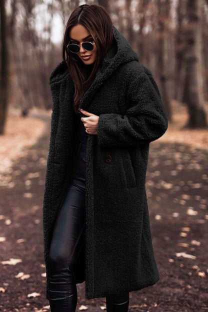 Long teddy wool coat with hood - view 6