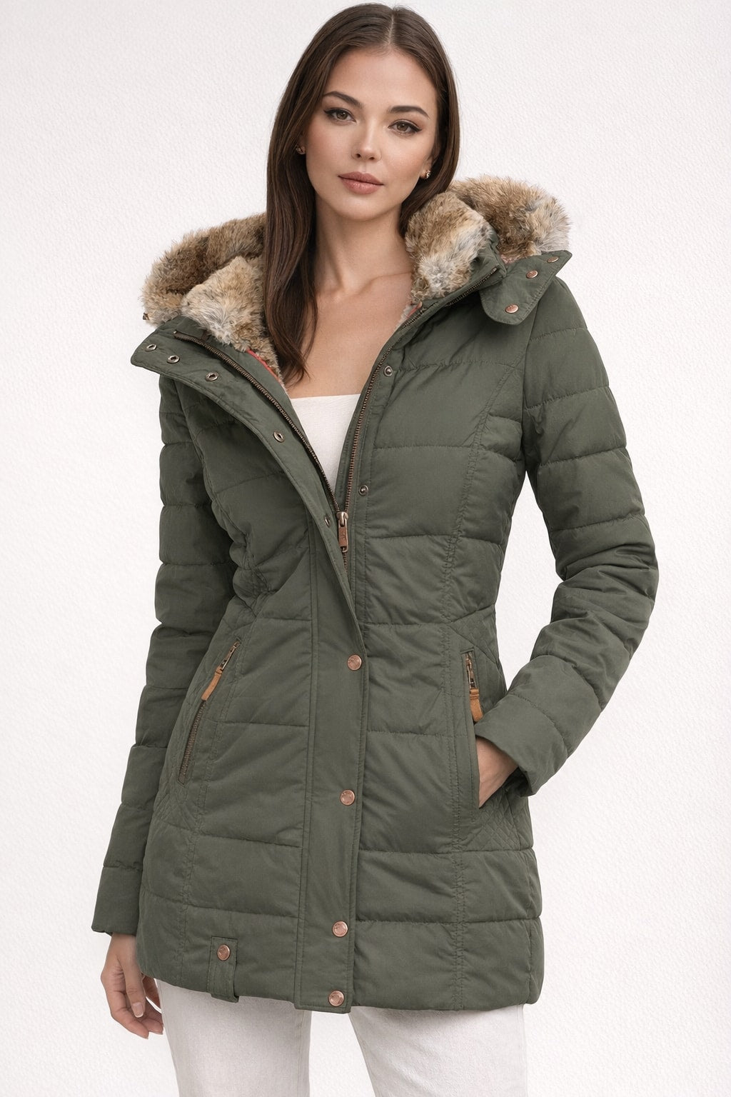 Quilted Women's Parka Coat With Faux Fur Hood - 2