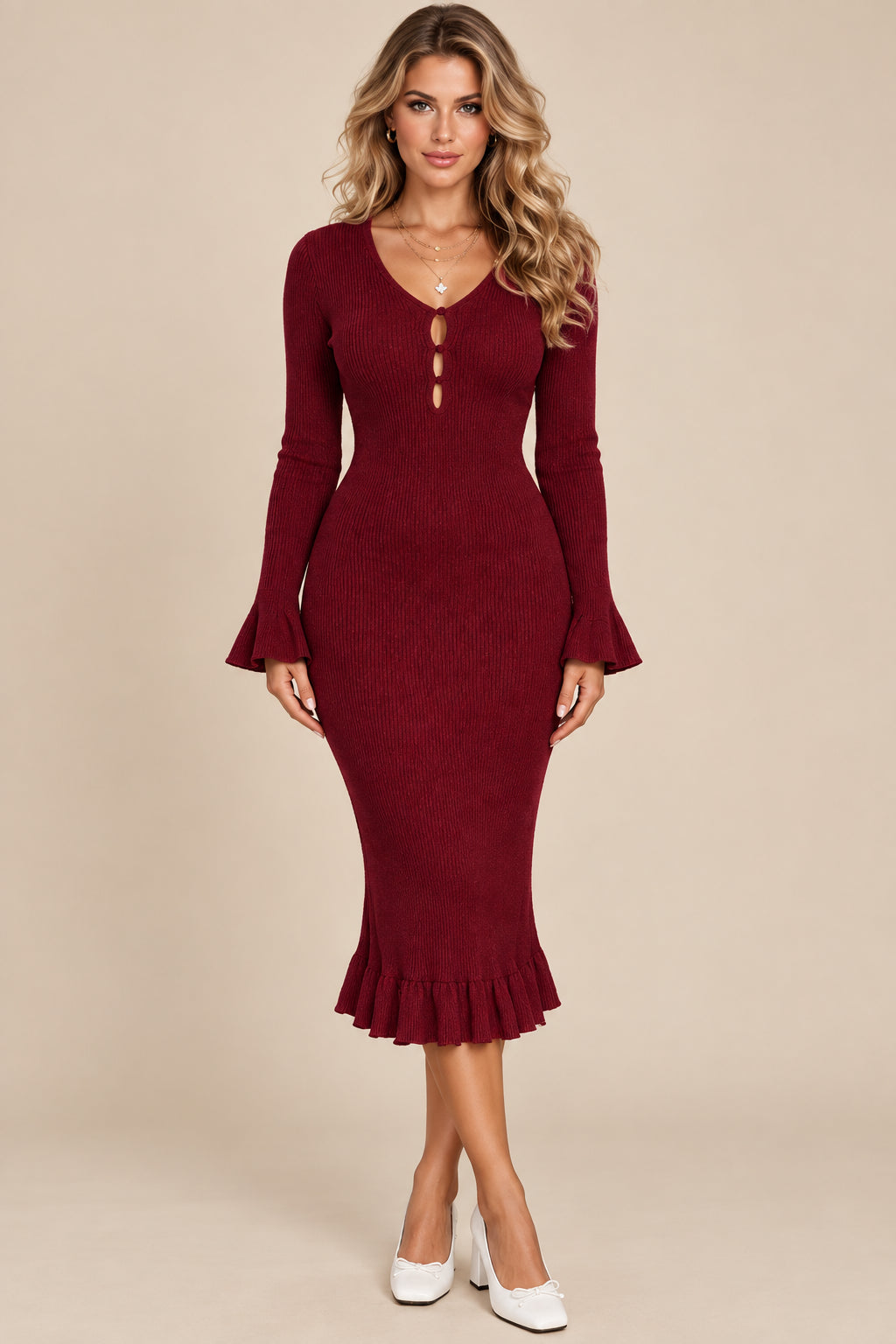 Polyester Blend Midi Dress With Ruffle Hem - 3