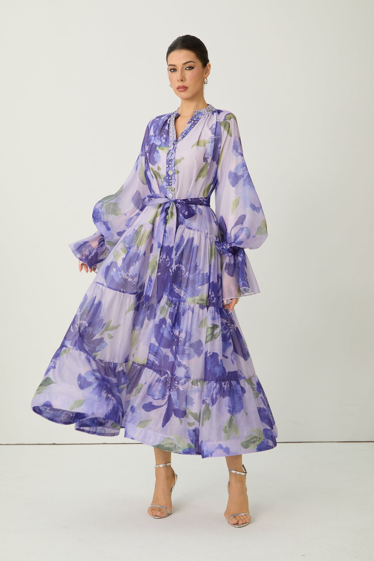 Purple floral print tiered maxi dress - view 4
