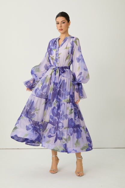 Purple floral print tiered maxi dress - view 4