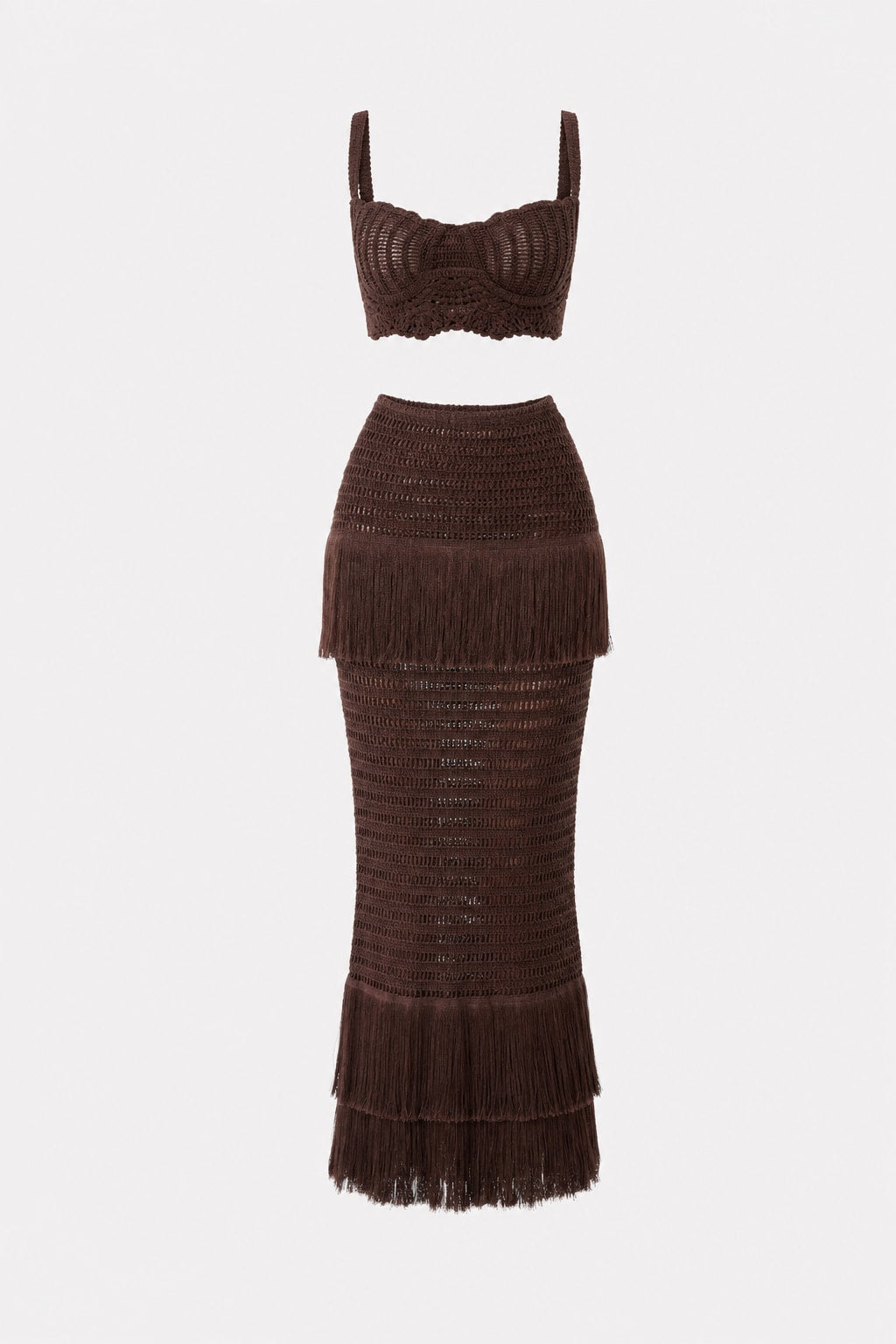 Crochet Knit Cami Top & Fringe Maxi Skirt Set - 1