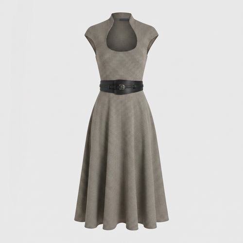 Houndstooth Jersey Midi Dress with Cut-Out