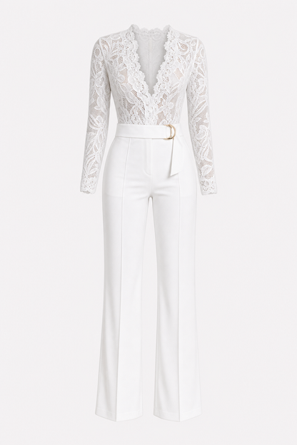Lace-Trim Wide-Leg Jumpsuit With Belt