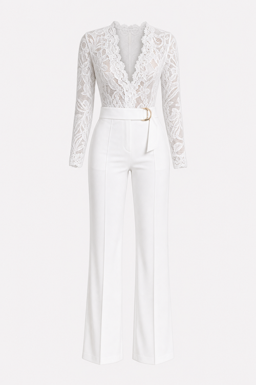 Lace-Trim Wide-Leg Jumpsuit With Belt