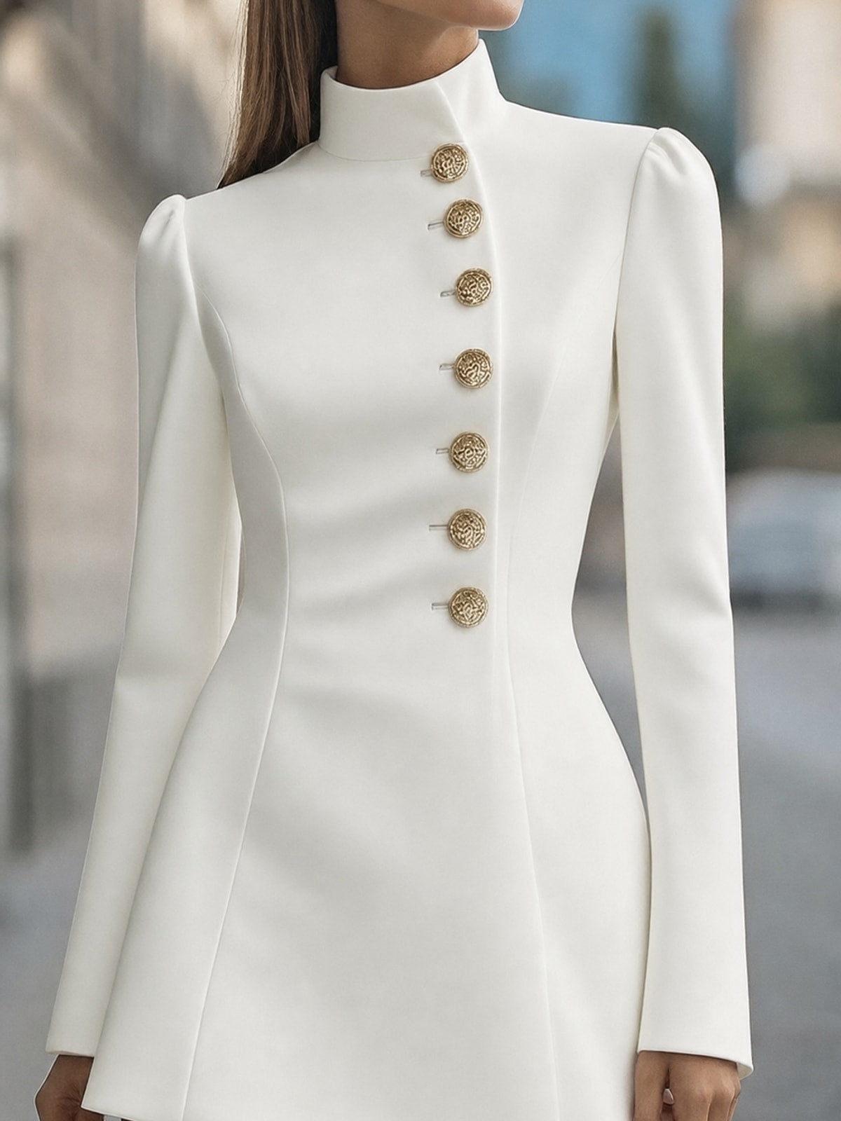 Polyester Stand Collar Long Sleeve Mini Dress - 3