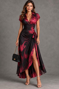 Polyester Wrap Midi Dress with Self-Tie Waist - 2