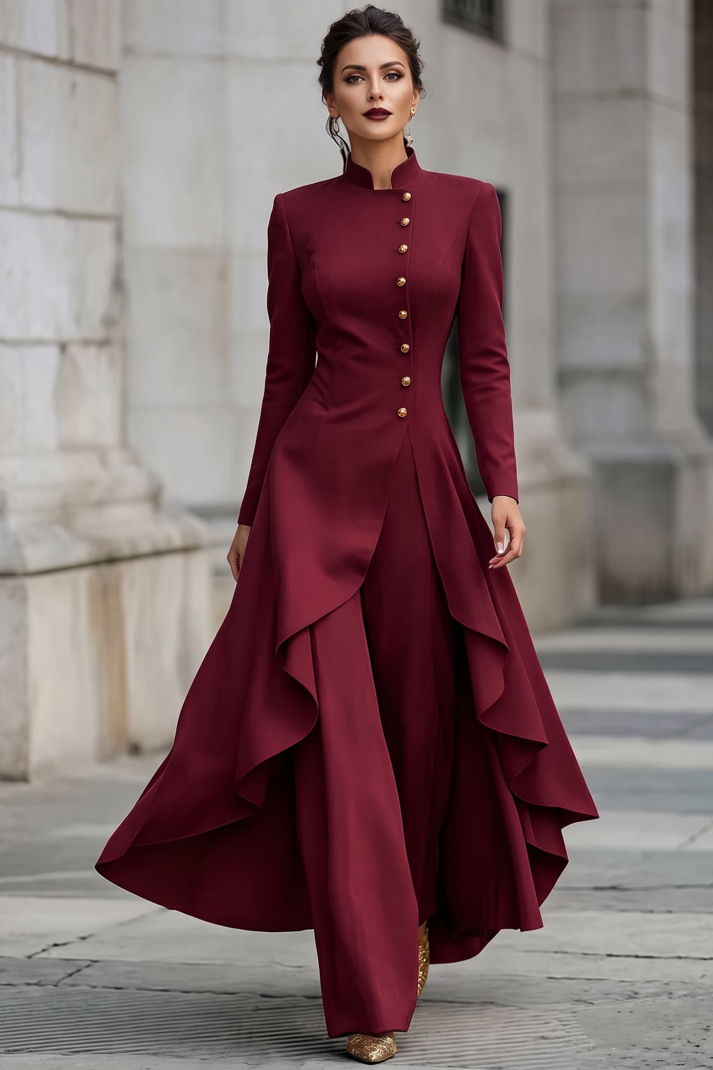 Polyester Two-Piece Set With High-Low Top And Wide-Leg Pants - 6