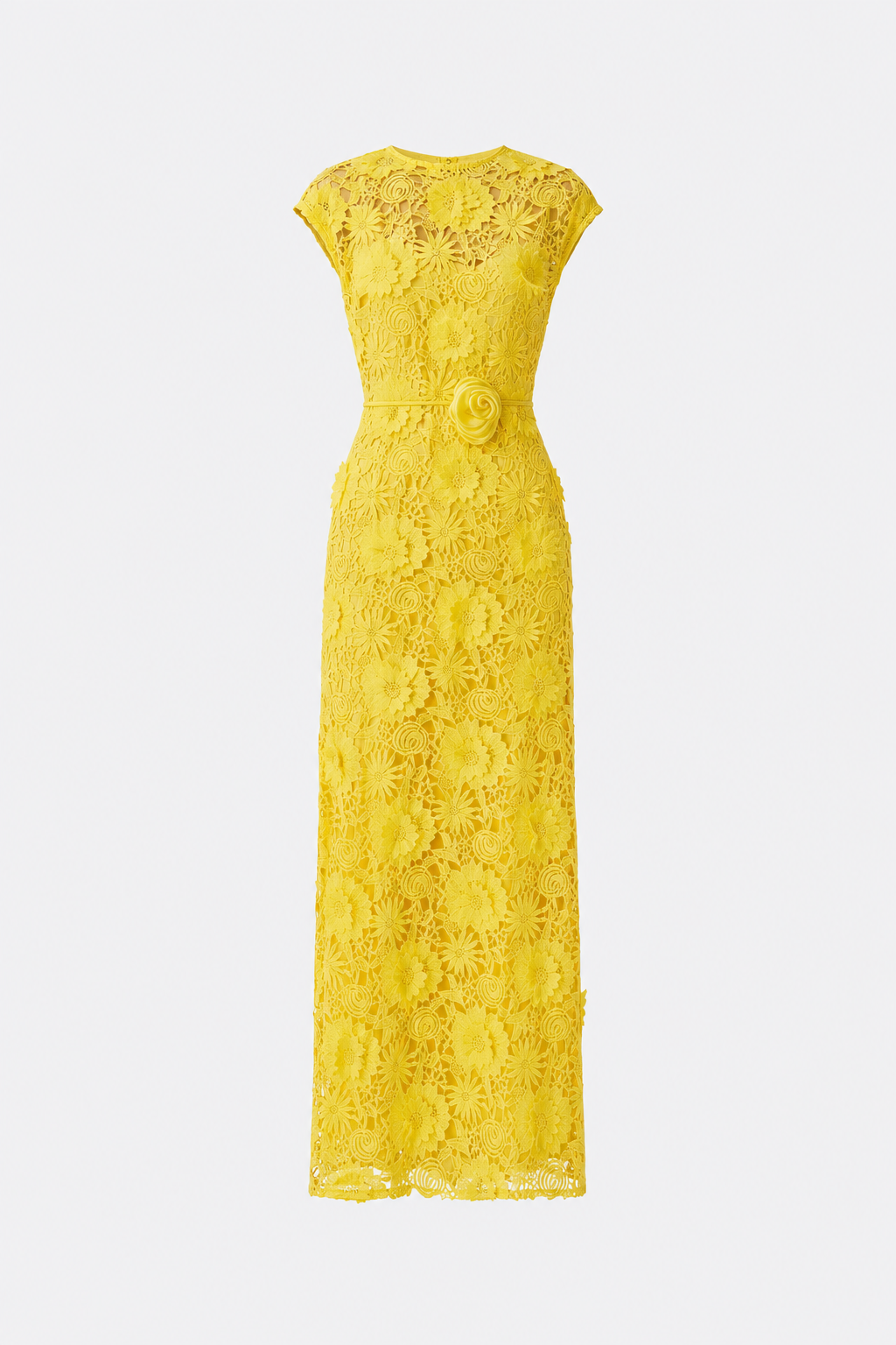 Yellow floral lace maxi dress with belt