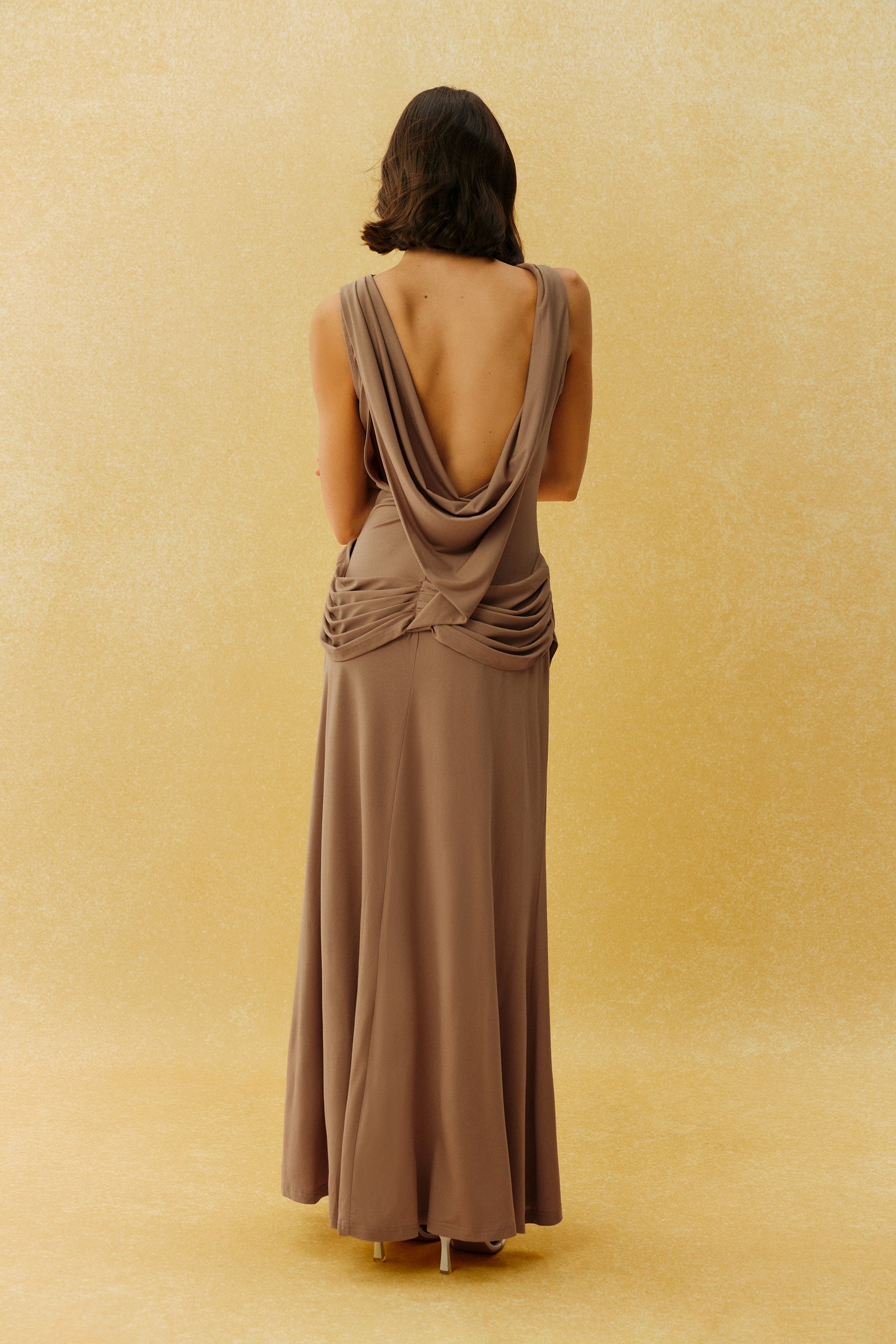 Brown High Slit Maxi Dress with Cowl Waist - view 4
