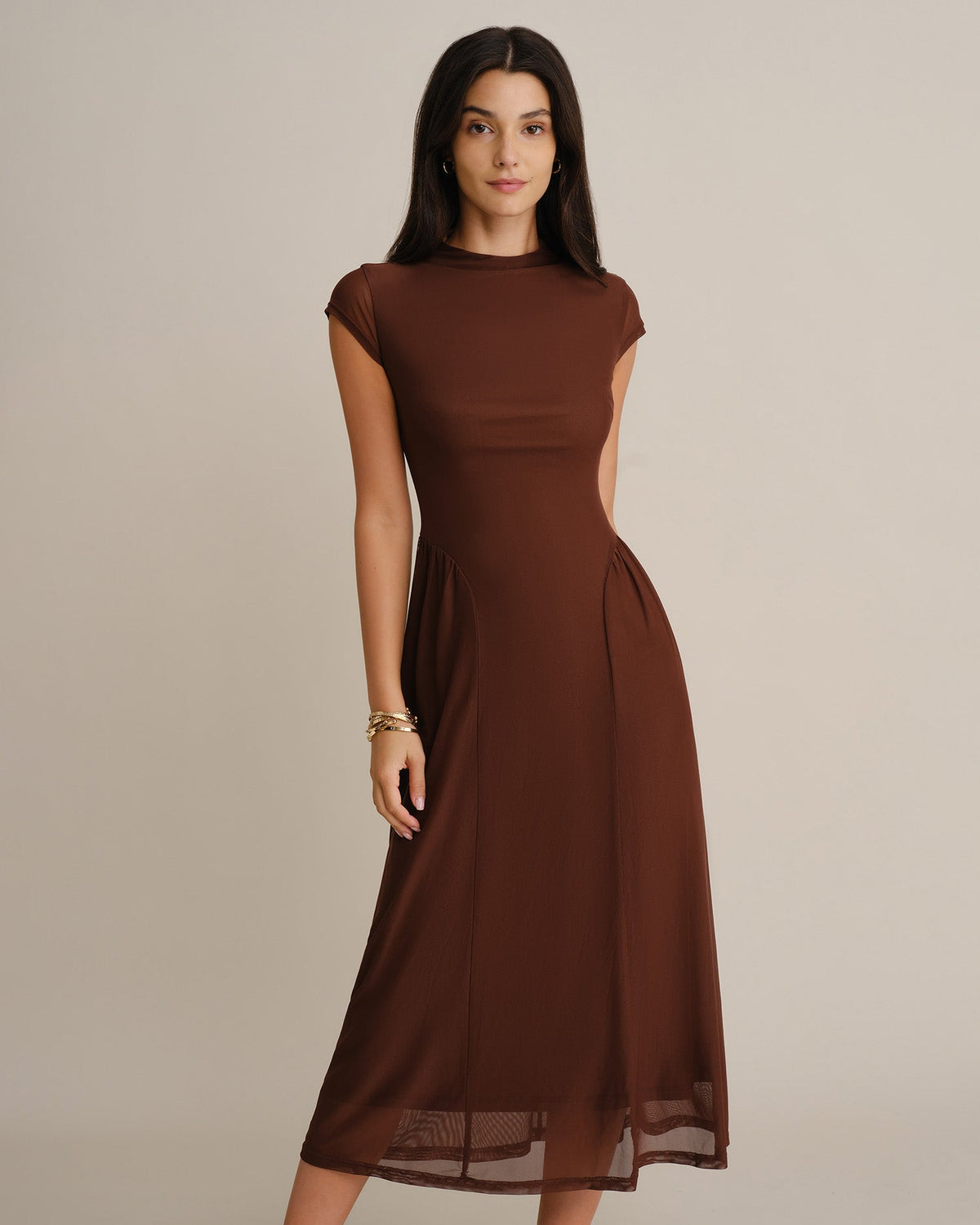 Mock Neck Mesh Midi Dress With Ruched Waist - view 5