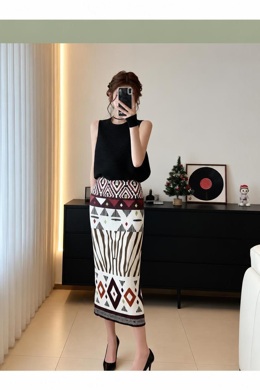 Polyester Pleated Skirt With Geometric Print - 5