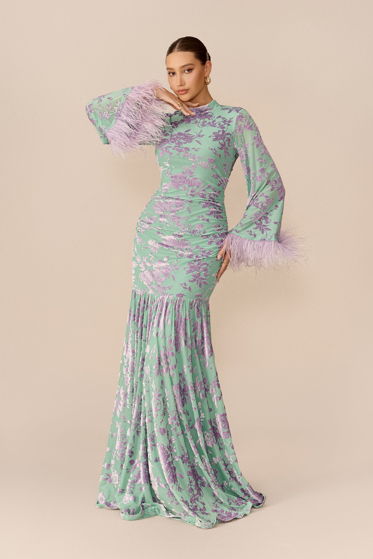Blue velvet floral maxi dress with feather cuffs - view 2