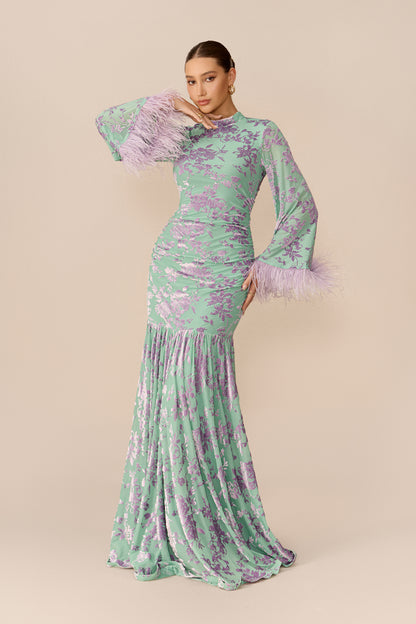 Blue velvet floral maxi dress with feather cuffs - view 2