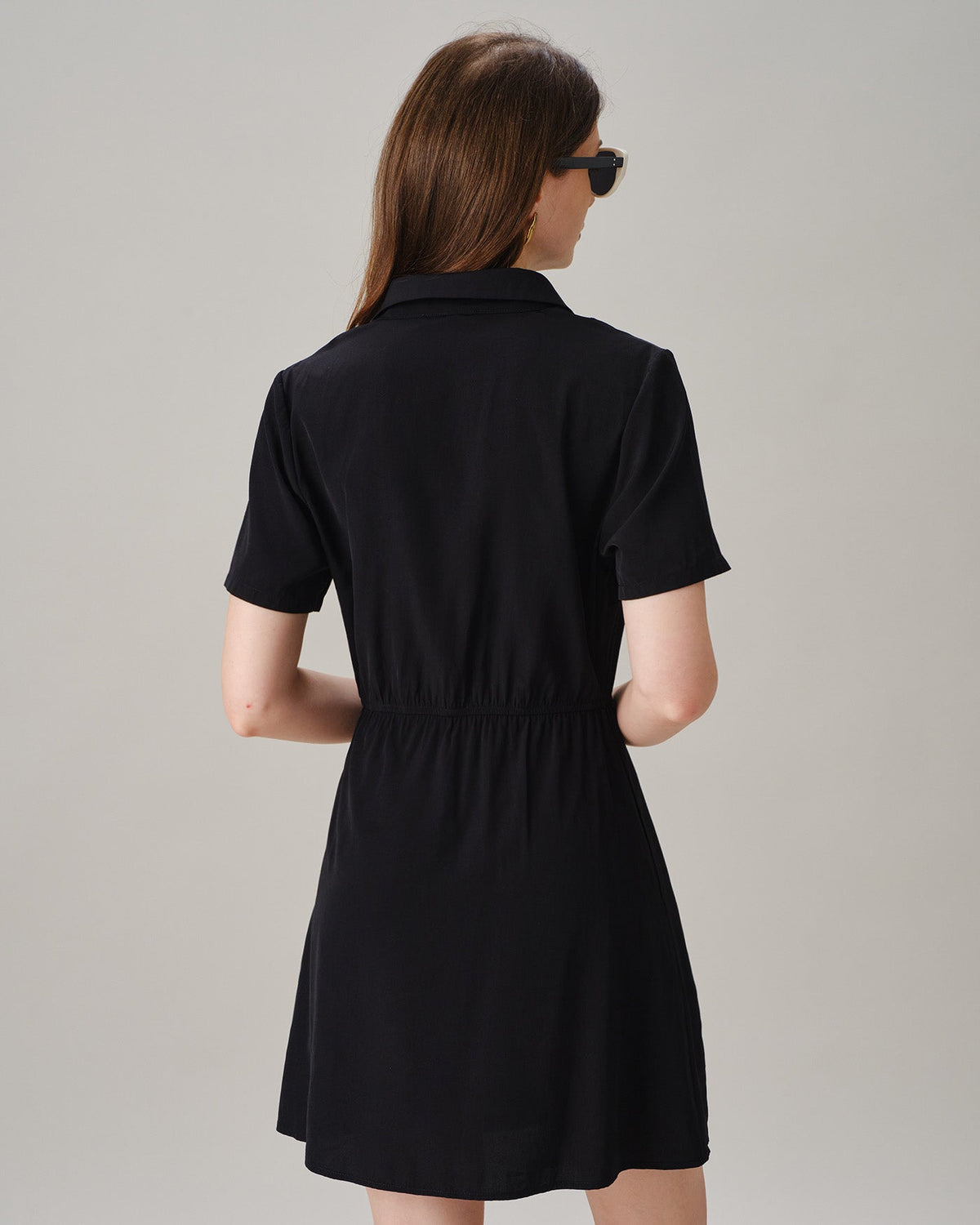 Black Collared Button-Front Mini Dress With Pockets - 5