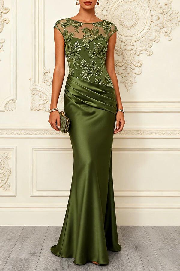 Green Sequin Satin Mermaid Maxi Dress - view 5