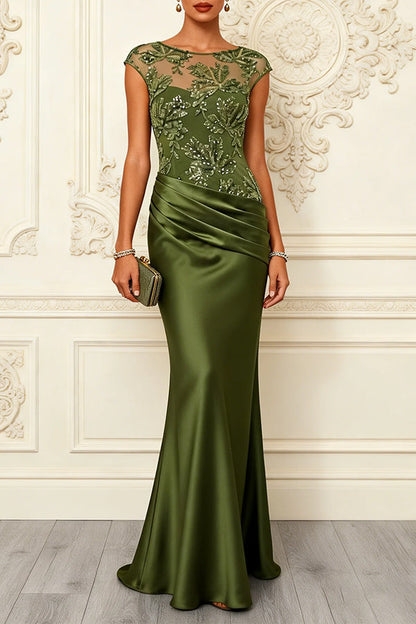 Green Sequin Satin Mermaid Maxi Dress - view 5