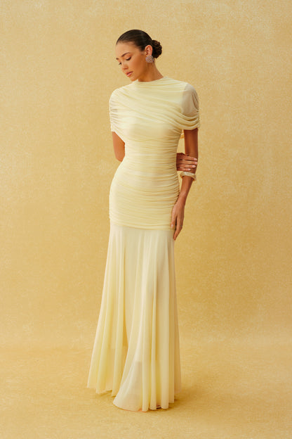 Yellow knit ruched maxi dress with cape sleeves - view 2