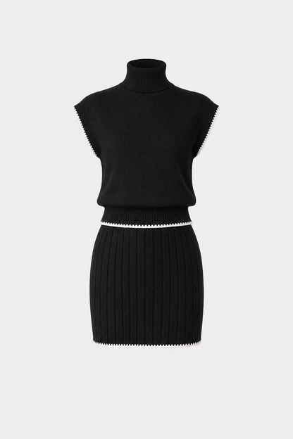 Contrast Trim Knit Turtleneck and Skirt Set - view 6