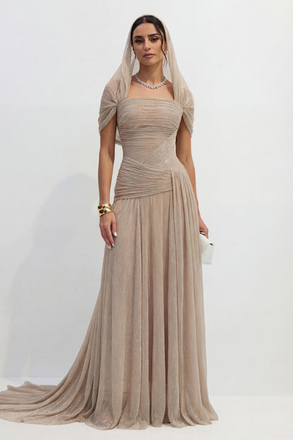 Khaki strapless pleated maxi dress with cowl back - view 2