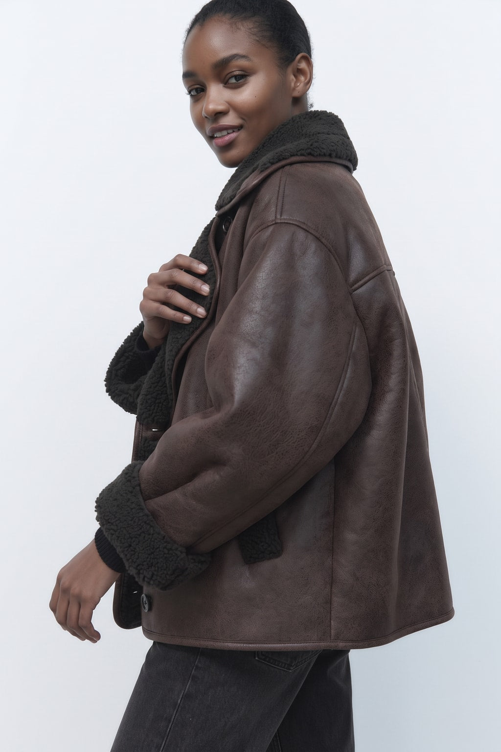 Relaxed Brown Leather Jacket Oversized Collarless Fit - 3