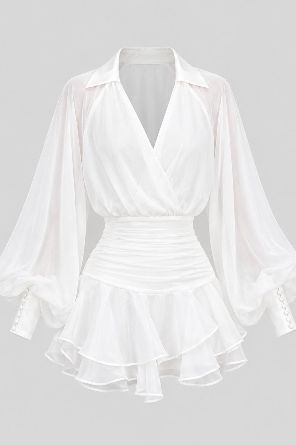 White two-piece set with an open-back chiffon blouse with balloon sleeves and a ruched-waist ruffle mini skirt